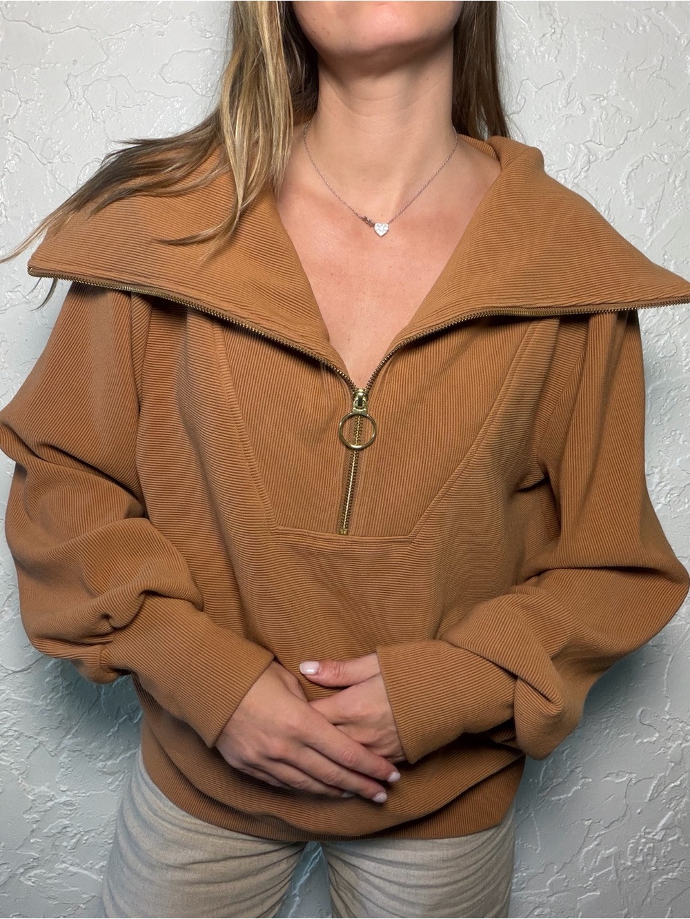 Varley Ribbed Half-Zip Pullover in Camel